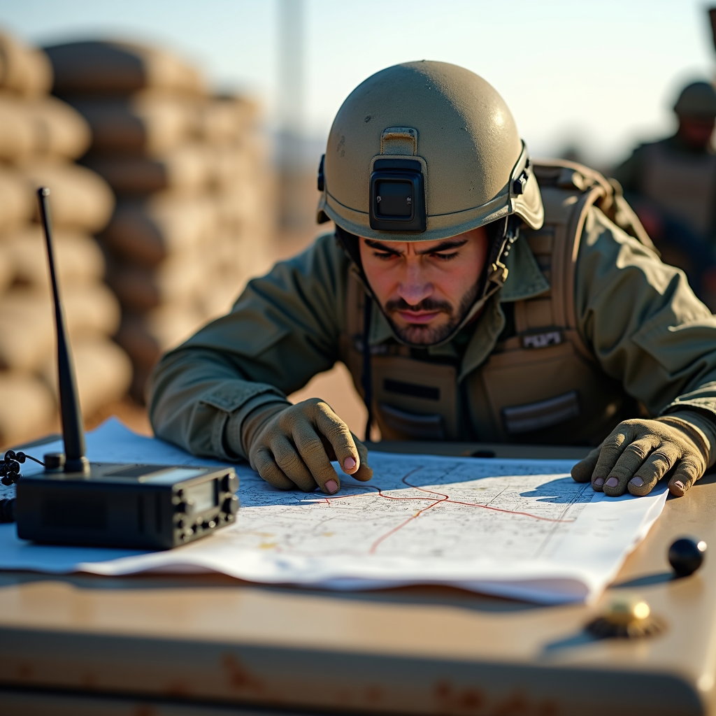 AI-generated photo: Photorealistic military field photography. In a forward operating base setting, a leader leans over ...