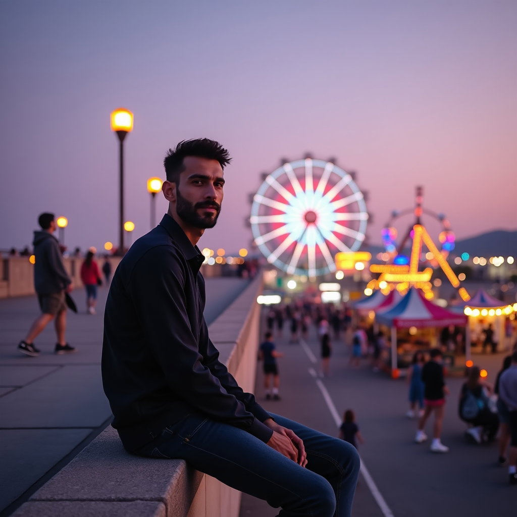 Ferris Wheel Daydream Portrait example: Photorealistic environmental festival portrait photography. Wide portrait from an elevated parking-deck overlook outside