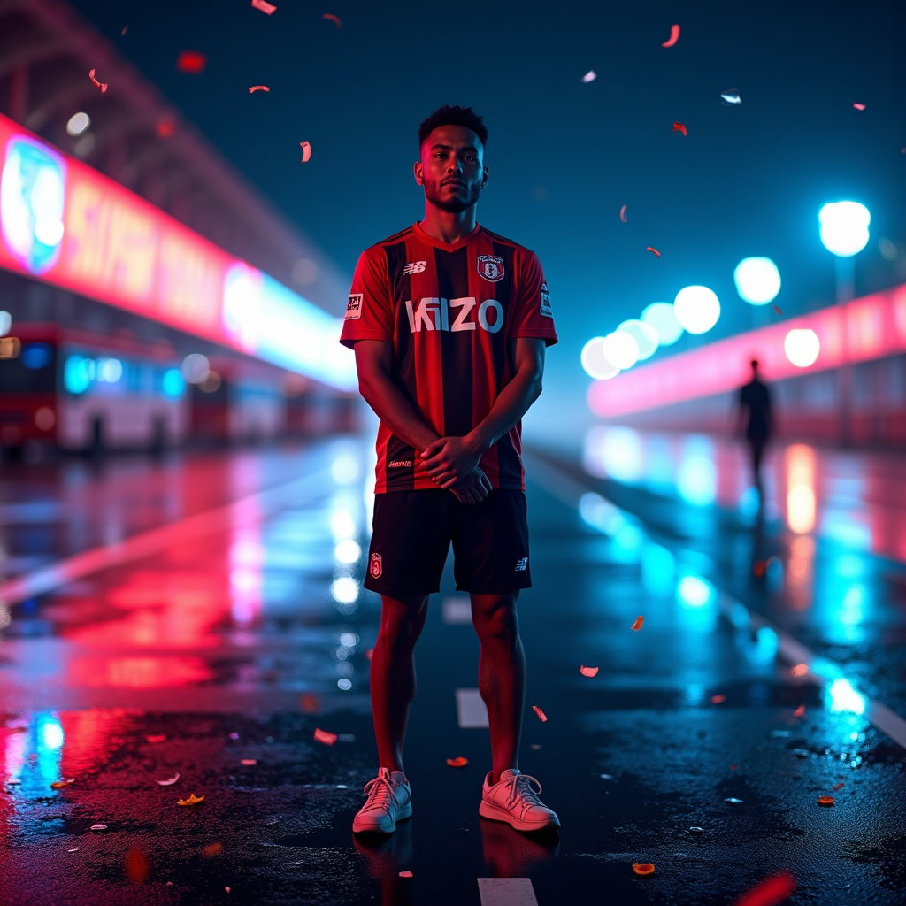 Stadium Arrival Hero Portraits example: Photorealistic creative sports portrait photography. Nighttime stadium arrival portrait of a single fan standing still o