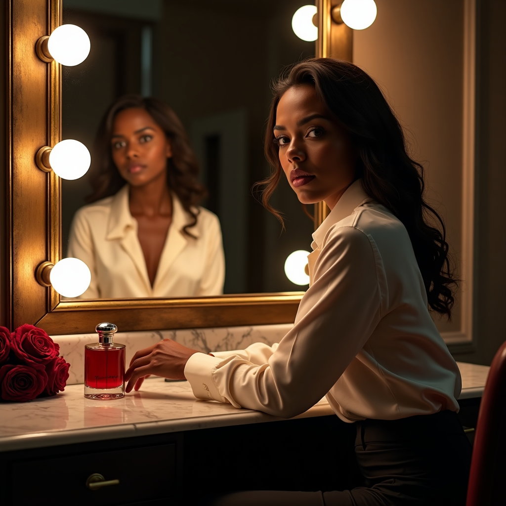 Mirror Vanity Glance Portrait example: Dating profile photo. Half-body portrait at a marble vanity with the subject angled slightly away from the mirror, one h