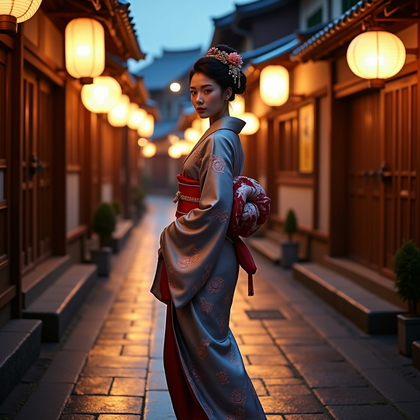 AI-generated photo: Fashion editorial portrait photography, a cinematic geisha-inspired styling portrait unfolding at bl...