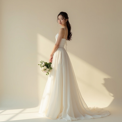 AI-generated photo: Photorealistic wedding photography set in a minimalist studio with matte ecru seamless backdrop and ...