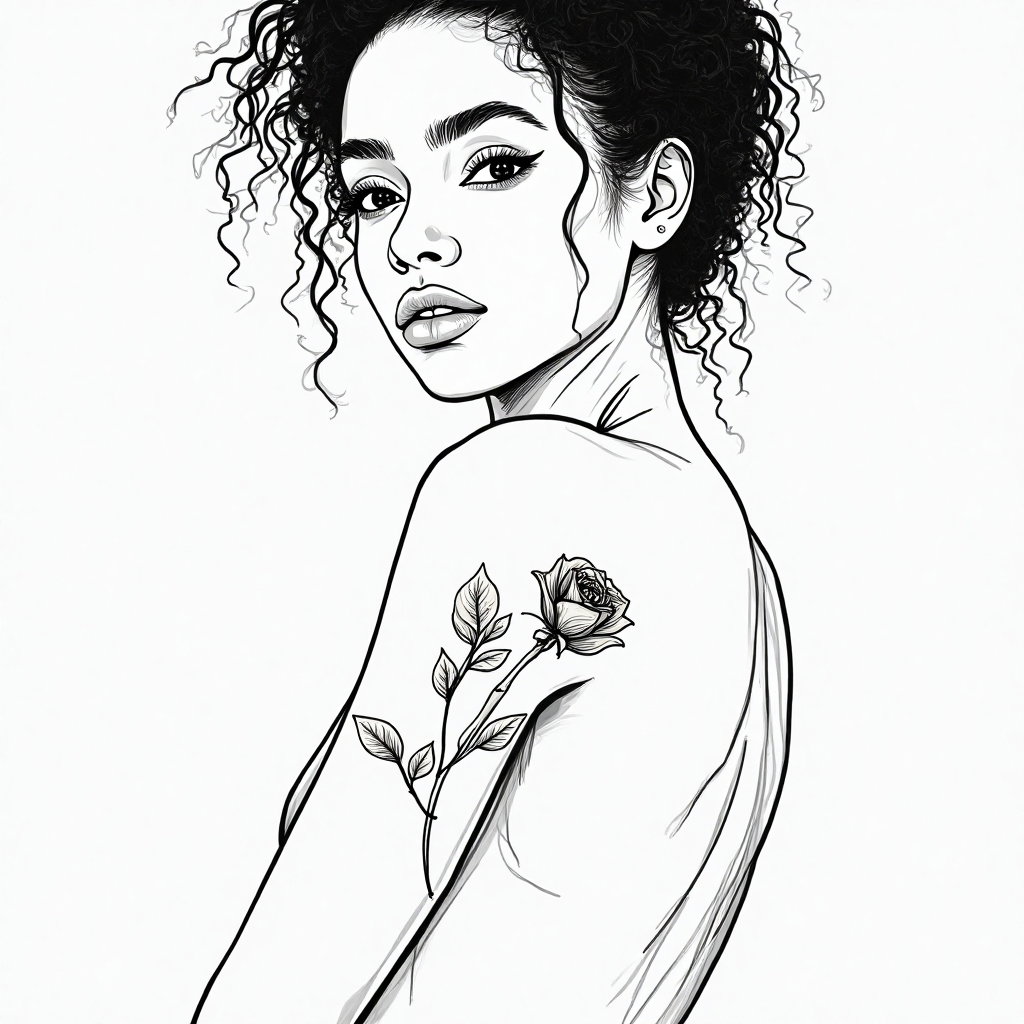 AI-generated photo: **Minimalist line art illustration** of a woman showcasing a minimalist floral tattoo on her shoulde...