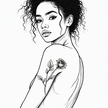 AI-generated photo: **Minimalist line art illustration** of a woman showcasing a minimalist floral tattoo on her shoulde...