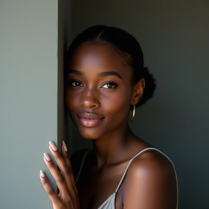 AI-generated photo: Photorealistic studio portrait. The subject stands close to a textured, medium-tone gray wall, one s...