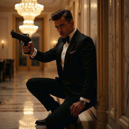 AI-generated photo: Cosplay photo portraying a character as a cunning and charismatic spy, dressed in a sleek black tuxe...