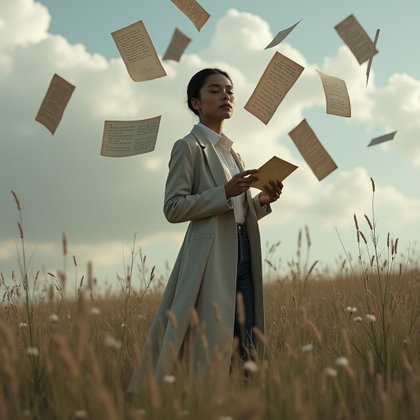 Windblown Meadow Poet Portrait With a Long Coat example: Photorealistic portrait photography. Unexpected creative variation with the subject standing in a meadow as loose handwr