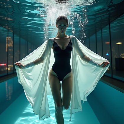 AI-generated photo: Photorealistic underwater fashion photography, cinematic three-quarter portrait in a modern glass-wa...