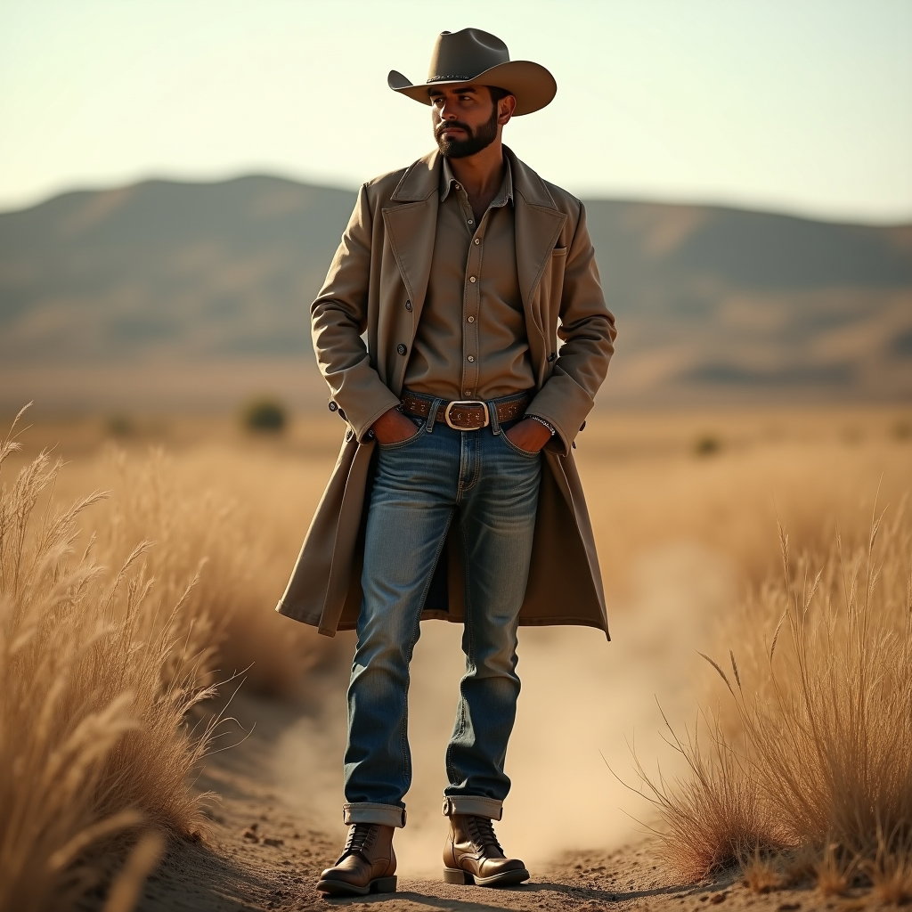 AI-generated photo: Photorealistic fashion portrait photography, a lone cowboy stands at the edge of a dry field of tall...