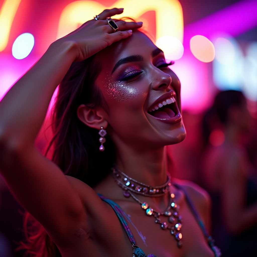 Candid Dance Motion Shot example: Photorealistic festival portrait photography. Tight close-up candid dance shot with the face clearly visible and sharp,