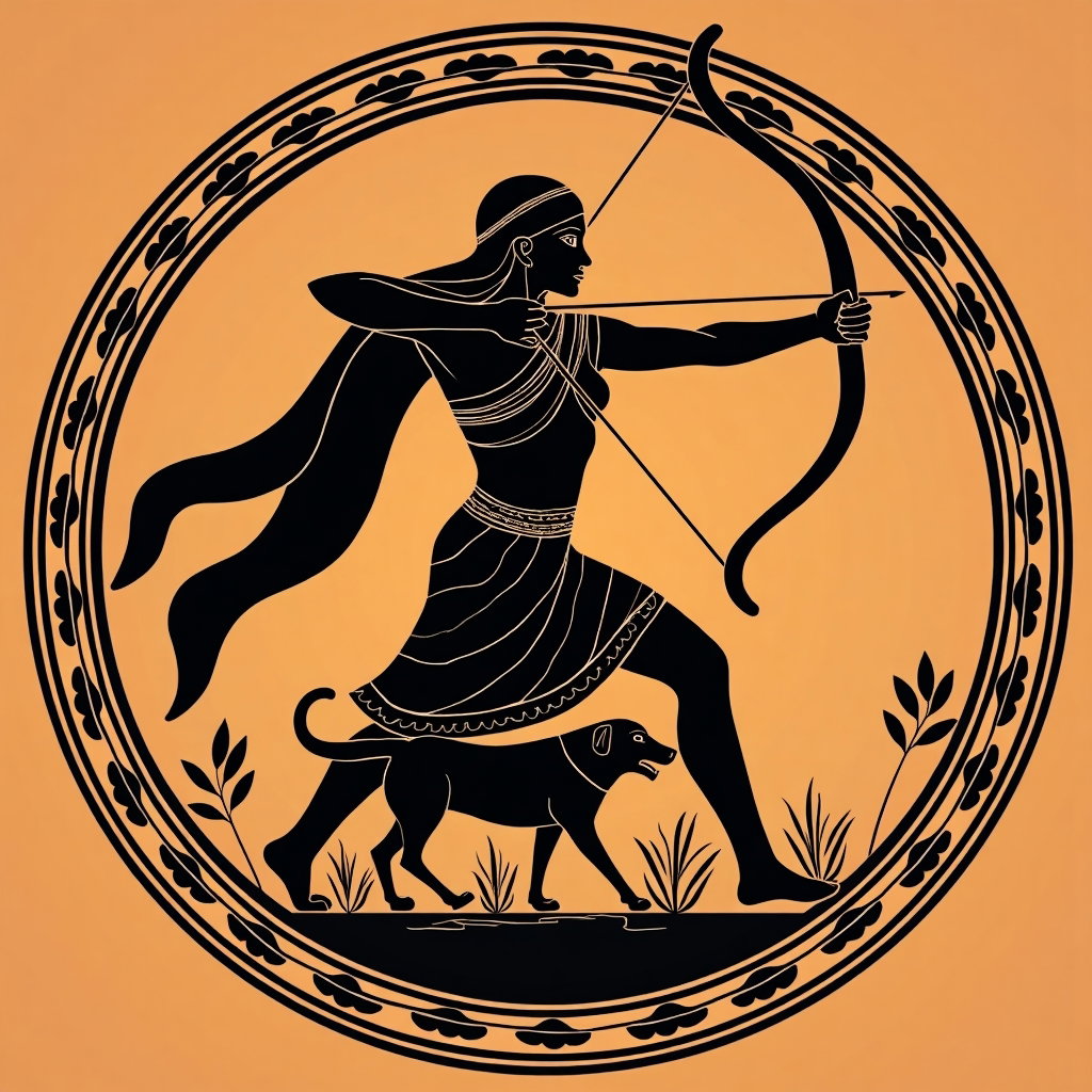 Solo Atalanta Huntress Action Portrait example: Ancient Greek red-figure vase illustration. Stylized solo Atalanta-inspired archer shown in an action stance with bow dr