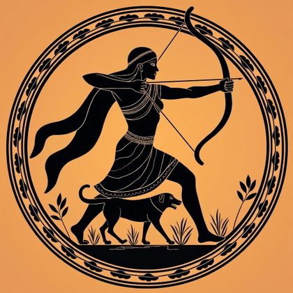 Solo Atalanta Huntress Action Portrait example: Ancient Greek red-figure vase illustration. Stylized solo Atalanta-inspired archer shown in an action stance with bow dr