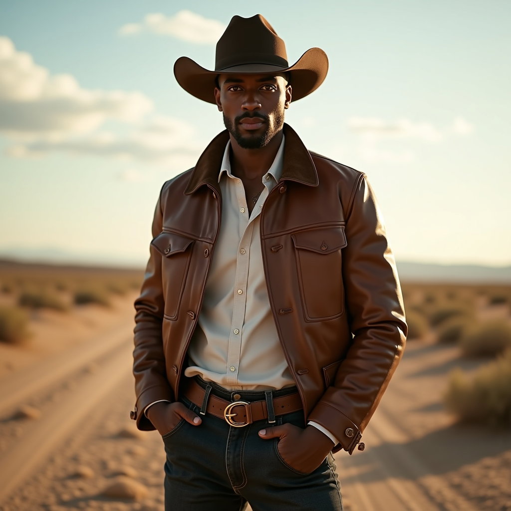 AI-generated photo: Fashion portrait photography, a hero cowboy portrait set in an open desert landscape with wide sky, ...