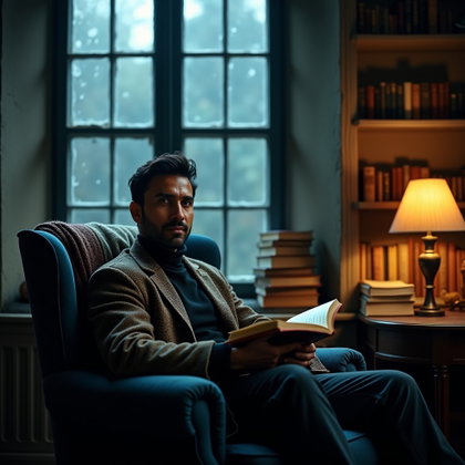 Dark Academia Library Poet Portrait example: Photorealistic environmental portrait photography. A cinematic library window portrait with the subject seated in a deep