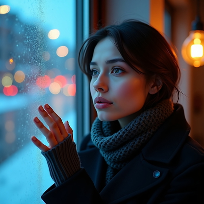AI-generated photo: Photorealistic winter lifestyle portrait at blue hour with neon city lights diffused beyond a froste...