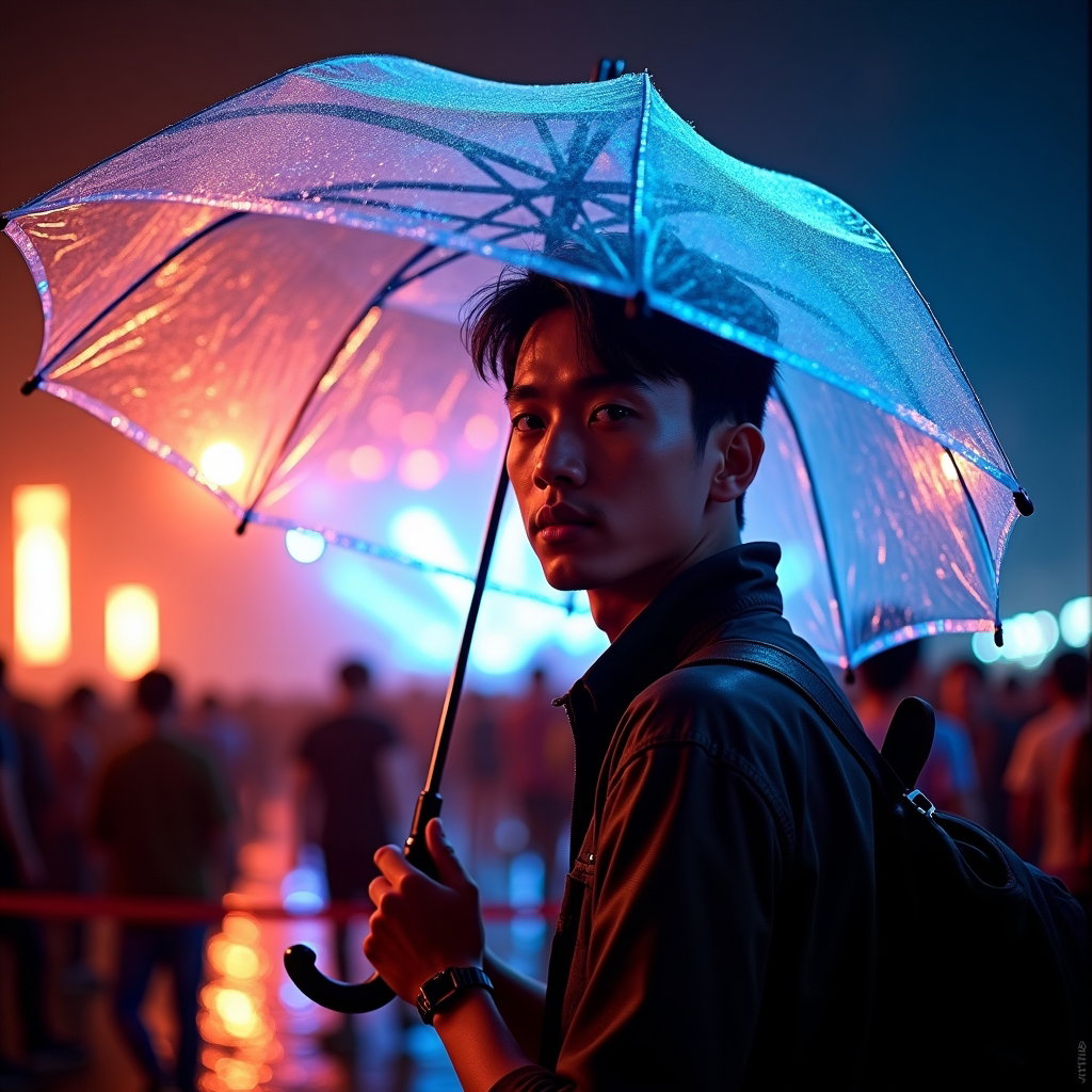 Neon Night Main Stage Silhouette example: Photorealistic festival portrait photography. Unexpected creative neon rain portrait with the subject standing under a c