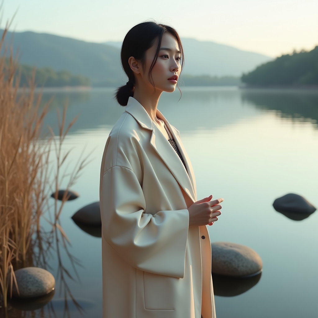 AI-generated photo: Photorealistic fashion portrait photography. A contemplative lakeside portrait at dawn, set near a q...