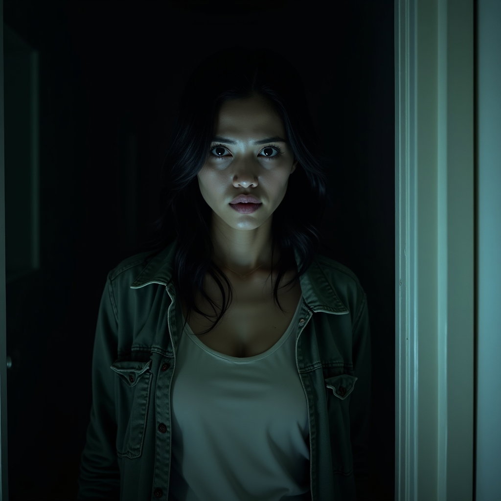 Flashlight-in-the-Dark Hallway Portrait example: Cinematic horror portrait photo of a tense close-up in a dark hallway, with a flashlight held just below the face to cre