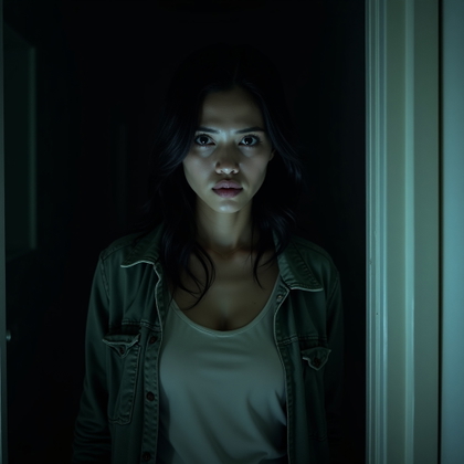 Flashlight-in-the-Dark Hallway Portrait example: Cinematic horror portrait photo of a tense close-up in a dark hallway, with a flashlight held just below the face to cre