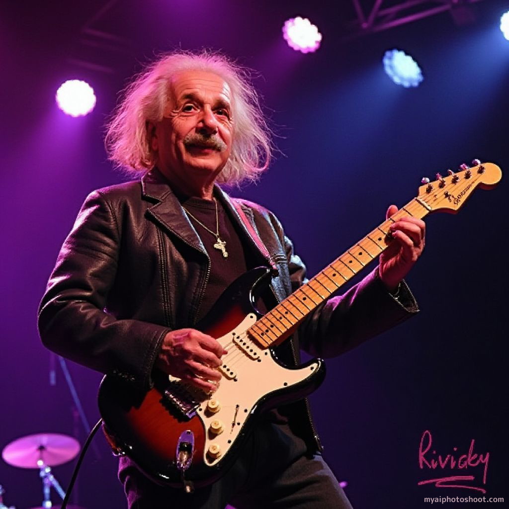 Transform me into a legendary guitar player, striking a dynamic pose on stage, surrounded by vibrant lights and an enthusiastic crowd. I want to radiate passion and energy, wearing a stylish leather jacket and gripping a vintage electric guitar with a confident expression. Capture the essence of rock and roll