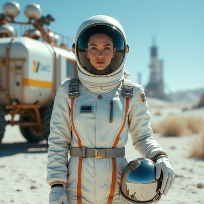 AI-generated photo: Photorealistic sci-fi portrait photography. A bold moon base arrival portrait set at the edge of a l...