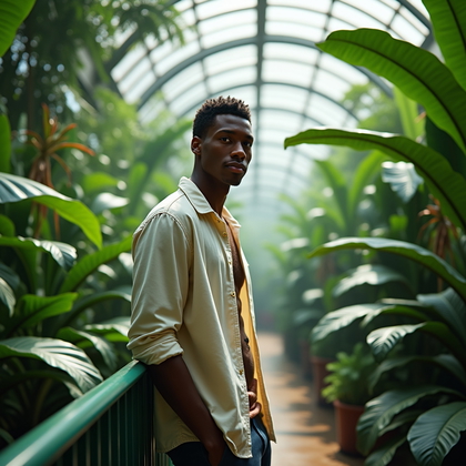 Photorealistic dating profile photo: Lush botanical greenhouse walkway with towering fronds and dew-dotted leaves forming a natural frame; diffused skylight pours down for velvety, even illumination and clean catchlights. Pose is a gentle lean against the railing with a confident half-smile toward camera, wardrobe in airy, breathable fabrics that echo the garden tones.