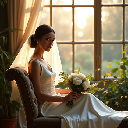 AI-generated photo: Photorealistic window‑light bridal portrait photography in a glass conservatory at golden hour, bota...