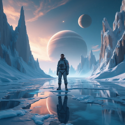 AI-generated photo: Photorealistic cinematic space photography. The person stands alone on a frozen alien lake, its surf...