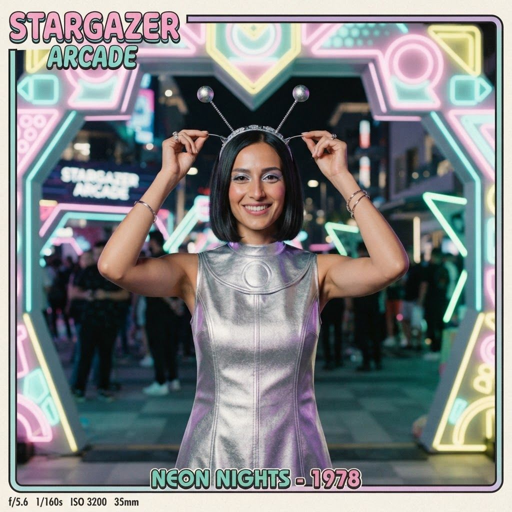 Retro Space Alien Under Colorful Night Lights: Centered portrait beneath a glowing geometric entrance at night, styled like a playful retro-futurist postcard.