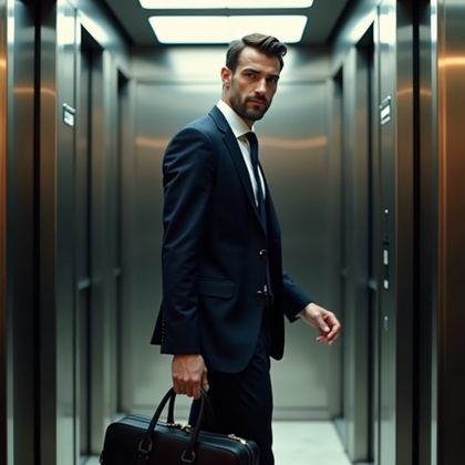 Corporate action portrait photograph. Dynamic business portrait of the subject stepping out of a private office elevator as the doors open, turning toward the viewer with a poised and alert expression while holding a compact briefcase at the side. Use sleek business attire, reflective metal elevator surfaces, soft lobby-adjacent lighting, slight motion energy without blur on the face, and a cinematic professional finish.