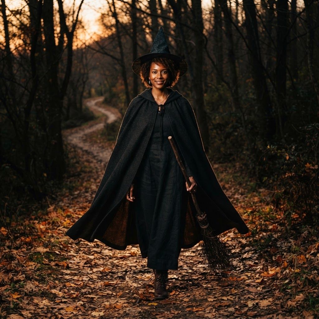 Witch on a Wooded Path: Photorealistic full-body Halloween portrait on a leaf-strewn wooded path at dusk.