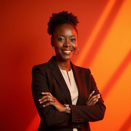 AI-generated photo: Professional headshot: bold red-orange seamless with a diagonal shadow gradient and prism light flar...