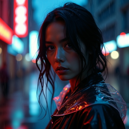 Rain-Soaked Street Escape Portrait example: Cinematic horror portrait photo. Tight close-up of the subject standing in heavy rain on an empty city street, face full