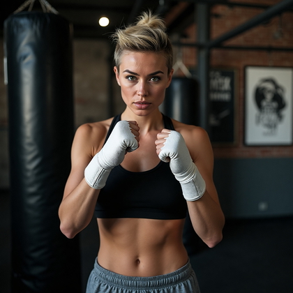 AI-generated photo: Athletic action shot photo portraying a woman engaged in an intense boxing workout. She wears a blac...