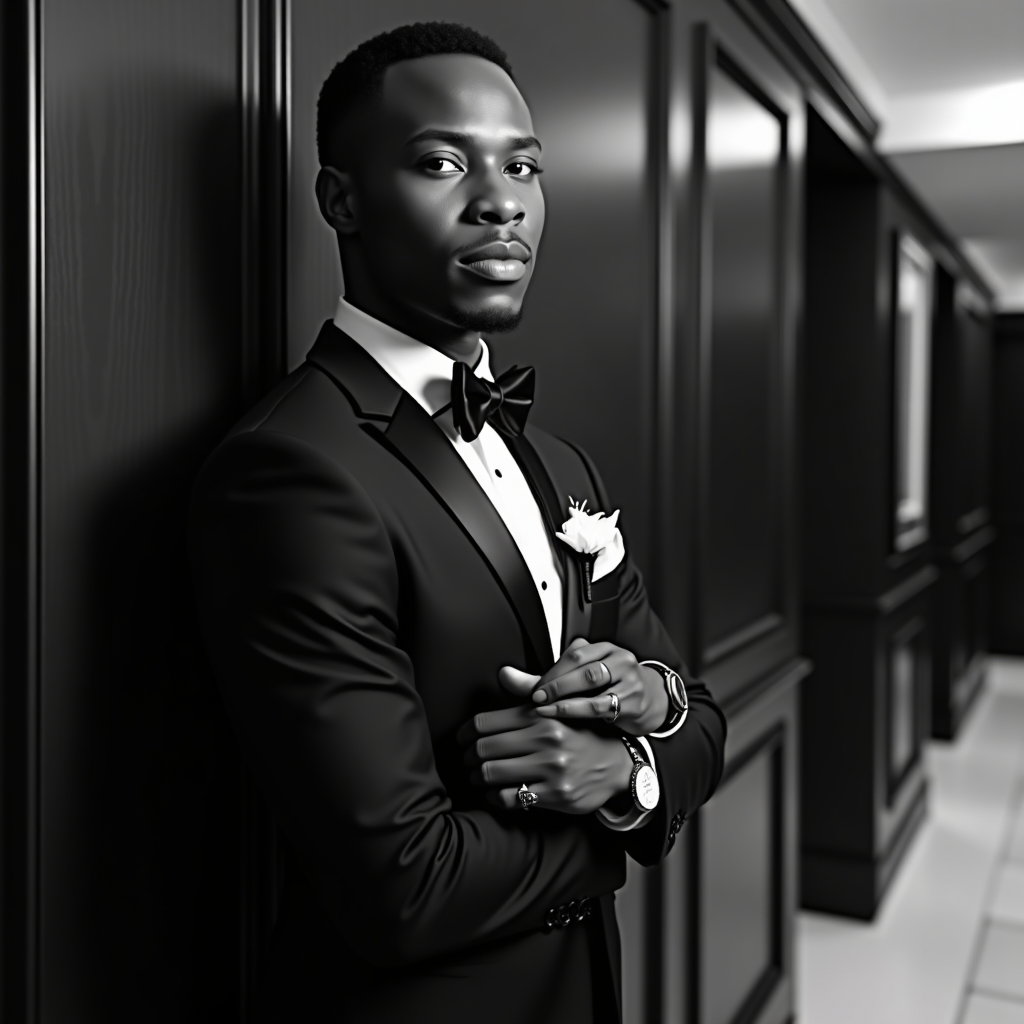 AI-generated photo: Photorealistic black-and-white wedding power portrait photo. The subject leans one shoulder into a d...