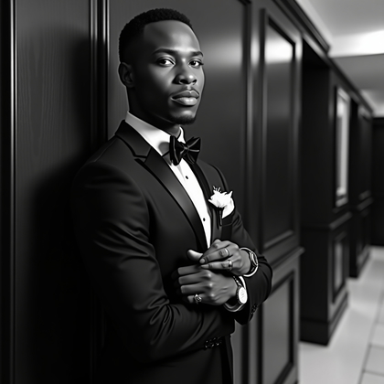 AI-generated photo: Photorealistic black-and-white wedding power portrait photo. The subject leans one shoulder into a d...