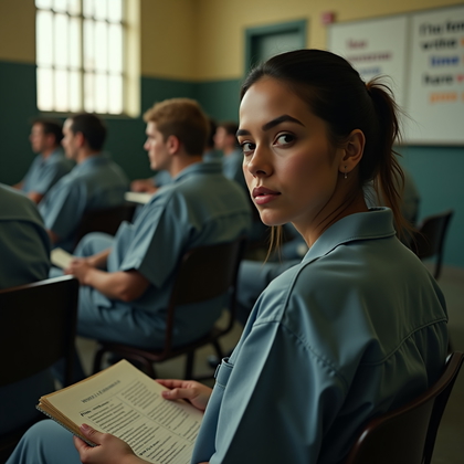 AI-generated photo: Photorealistic prison close-up portrait taken during a mandatory group session in a multipurpose roo...