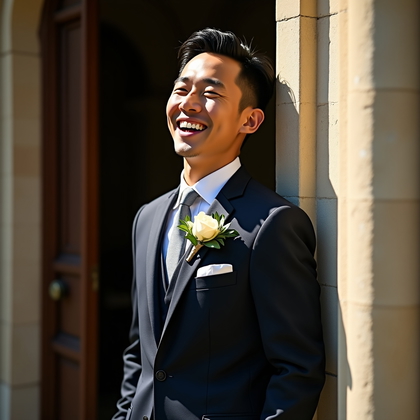 AI-generated photo: Photorealistic wedding photograph of a suited subject leaning into a grand stone doorway, shoulder a...