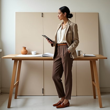 Pièces créatives superposées : photo debout décontractée d’une seule personne à côté d’une table haute de studio sur laquelle se trouve une tablette, avec des planches de conception aux tons neutres visibles derrière.