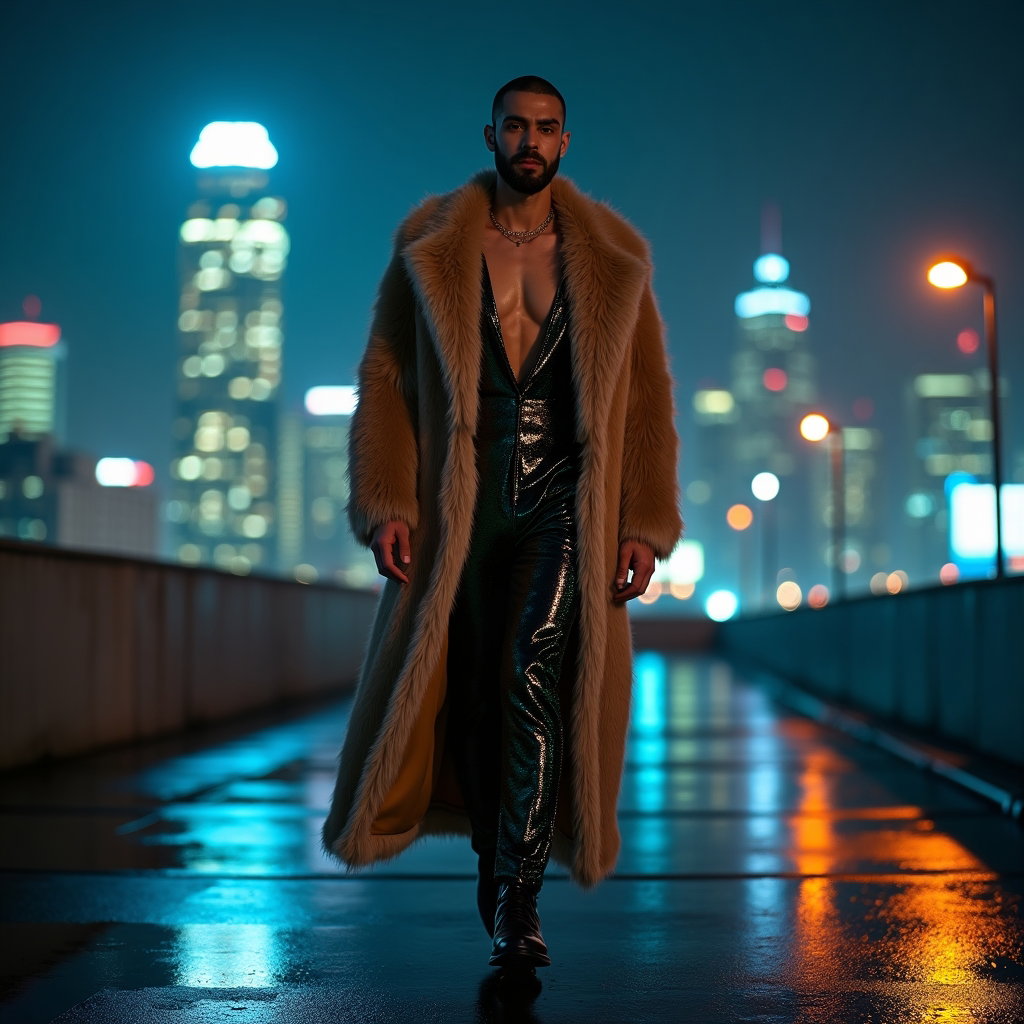 Full-Body Fashion Editorial Pop Star Cover Photos example: Photorealistic fashion editorial album cover photo. Full-body environmental portrait on a nighttime rooftop with glowing
