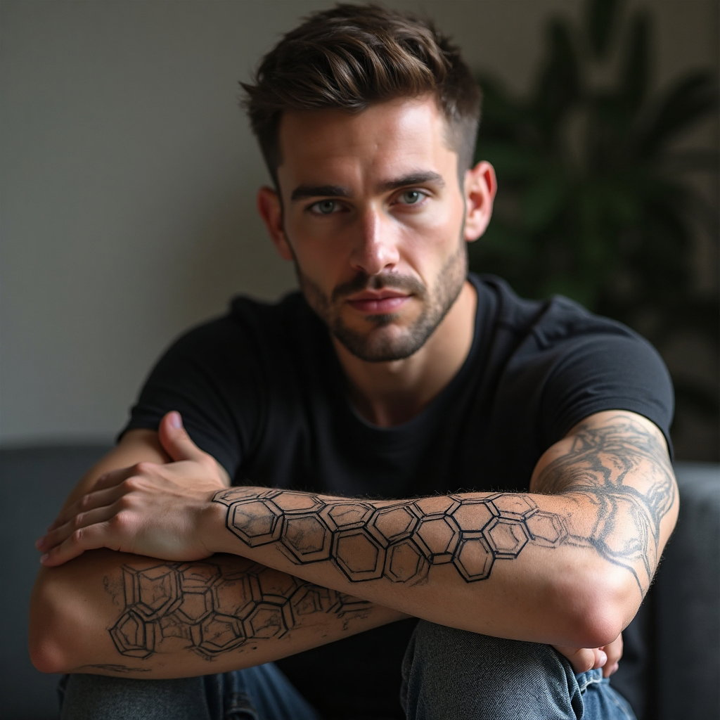 AI-generated photo: Photorealistic photography capturing the essence of modern and minimalist tattoo art on a 28 years o...