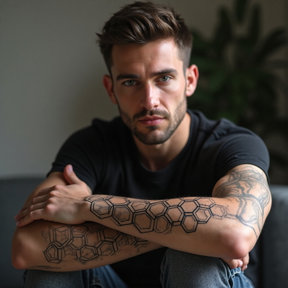 AI-generated photo: Photorealistic photography capturing the essence of modern and minimalist tattoo art on a 28 years o...