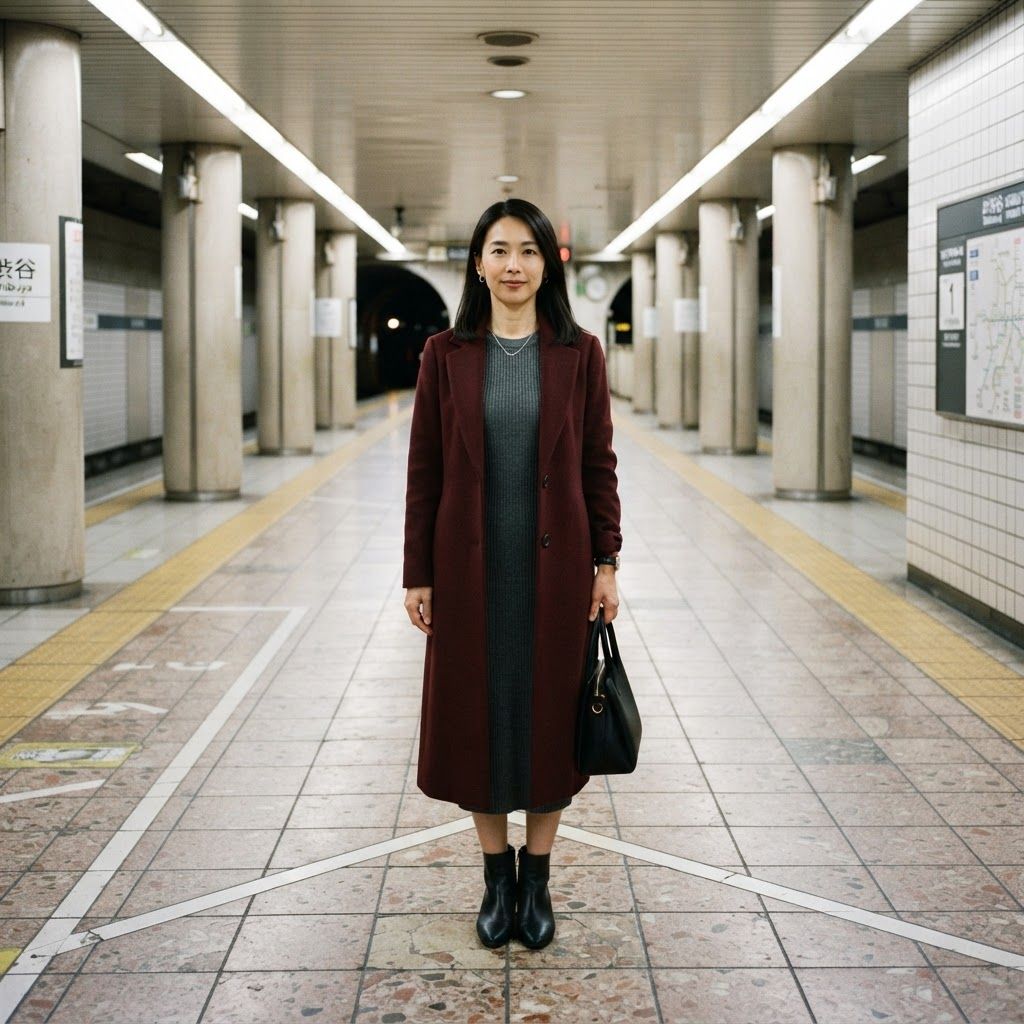 Longline Coat at a Train Platform: Symmetrical full-length editorial photo on an empty tiled underground train platform.