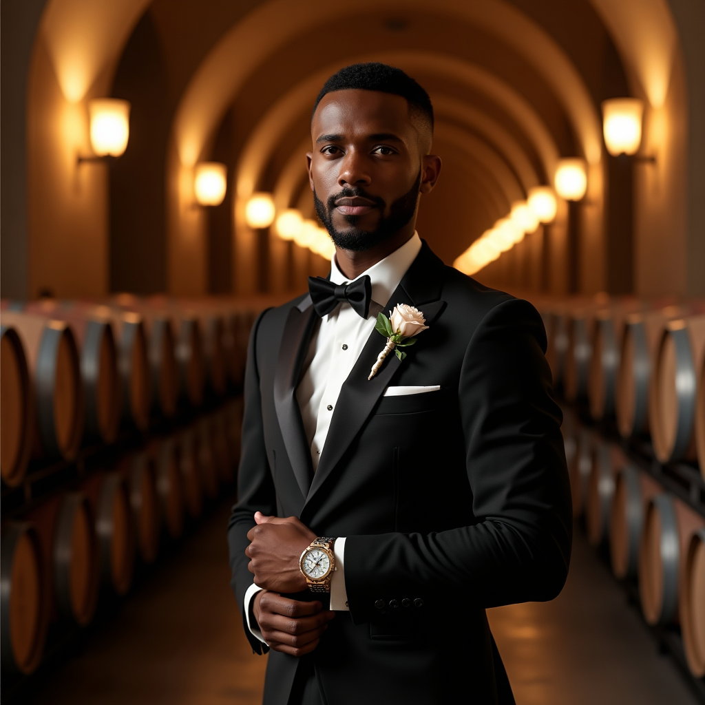AI-generated photo: Photorealistic wedding photography in a wine cellar barrel room with honeyed wall sconces and long r...
