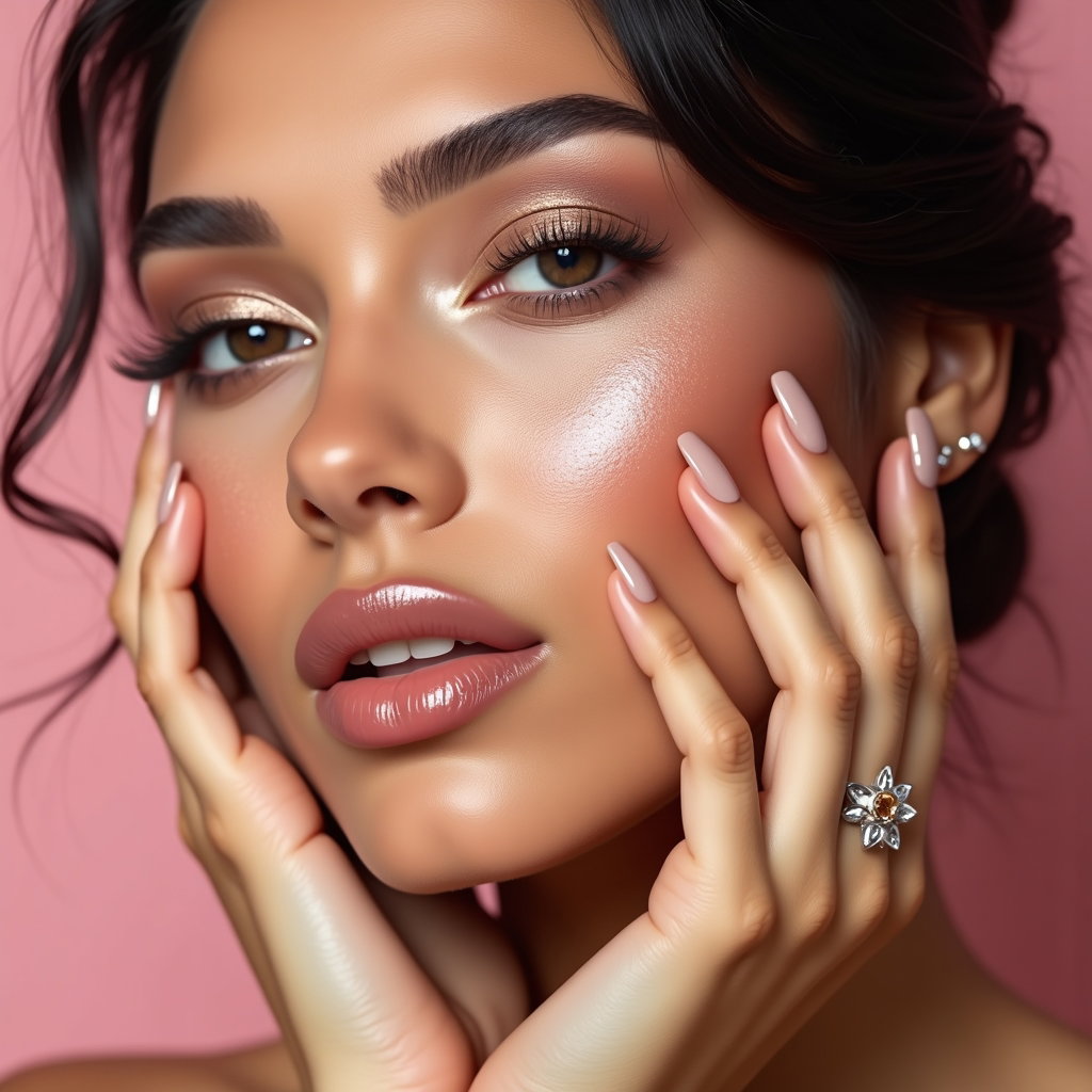 Glam Birthday Beauty Portraits for Makeup, Hair, and Details example: Photorealistic beauty portrait. Tight close-up birthday glam shot with the face fully visible, one hand lightly touching