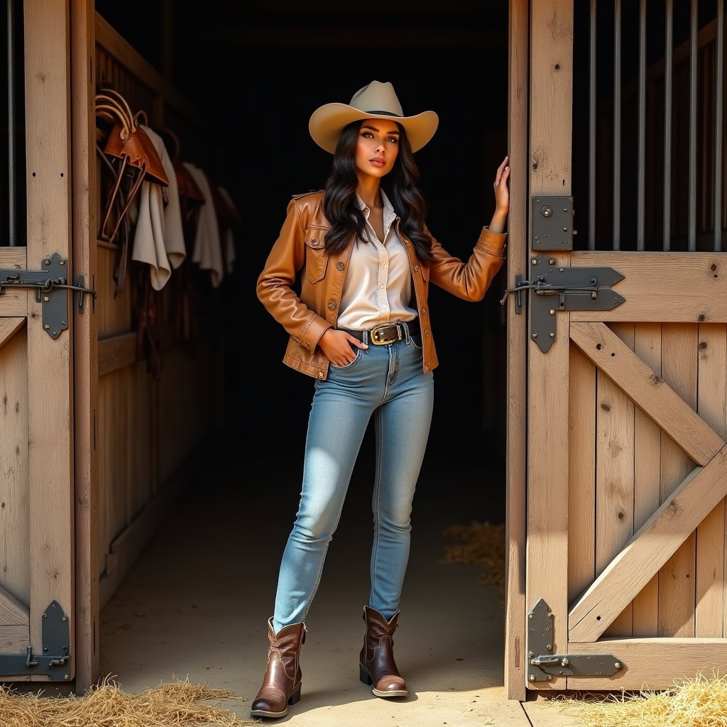 AI-generated photo: Photorealistic fashion portrait photography. A premium cowboy-inspired stable portrait set beside a ...