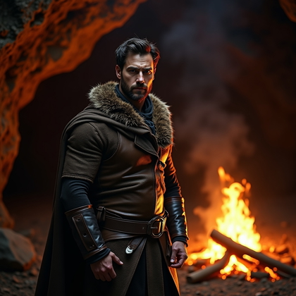 AI-generated photo: Photorealistic firelit portrait photography featuring a confident figure standing at a cave mouth be...