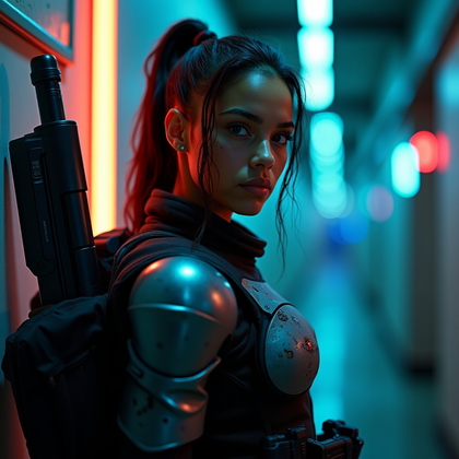 AI-generated photo: Photorealistic gaming character portrait photography. The avatar stands in a dimly lit sci-fi corrid...
