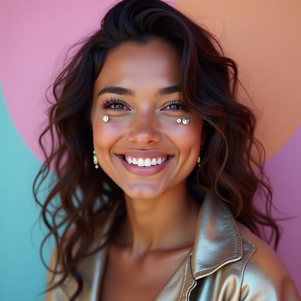 Clean Background Portrait That Doesn’t Get Lost example: Photorealistic festival portrait photography, close-up portrait against a smooth pastel backdrop with the face clearly v