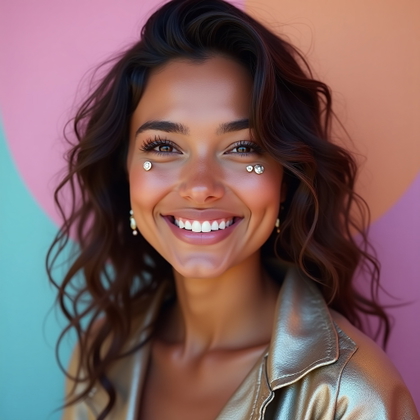 Clean Background Portrait That Doesn’t Get Lost example: Photorealistic festival portrait photography, close-up portrait against a smooth pastel backdrop with the face clearly v
